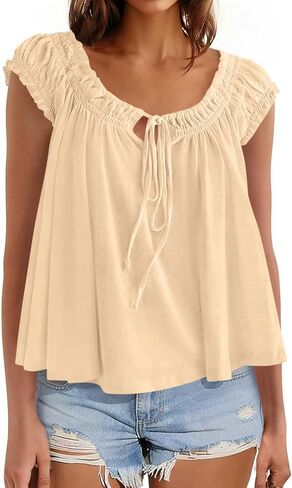 Womens Summer Babydoll Flowy Tank Tops Tie Front Ruffle Cap Sleeve Blouses Cute Going Out Dressy Shirts in Kuwait