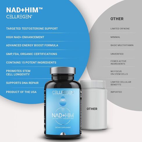 NAD HIM NAD مكمل نيكوتيناميد ريبوسيد تركيبة العافية، يساعد على استعادة مستويات NAD، ويدعم مستويات التستوستيرون، مكمل NAD للرجال، خالي من الغلوتين غير المعدل وراثيًا، 90 كبسولة in Kuwait