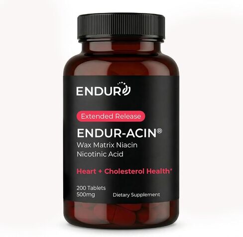 ENDUR-ACIN - Niacin B3 - ER (Extended Release) 500 mg - Nicotinic Acid - Healthy Heart & Cholesterol Balance Supplement - Low-Flush High-Potency Niacin with 4–8 HR Timed-Release Matrix - 200 Tablets in Saudi Arabia