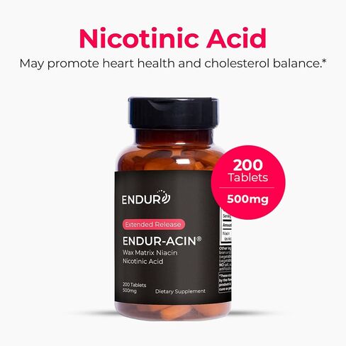 ENDUR-ACIN - Niacin B3 - ER (Extended Release) 500 mg - Nicotinic Acid - Healthy Heart & Cholesterol Balance Supplement - Low-Flush High-Potency Niacin with 4–8 HR Timed-Release Matrix - 200 Tablets in Saudi Arabia