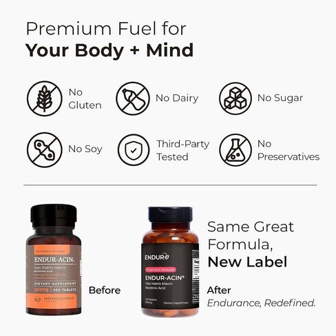 ENDUR-ACIN - Niacin B3 - ER (Extended Release) 500 mg - Nicotinic Acid - Healthy Heart & Cholesterol Balance Supplement - Low-Flush High-Potency Niacin with 4–8 HR Timed-Release Matrix - 200 Tablets in Saudi Arabia