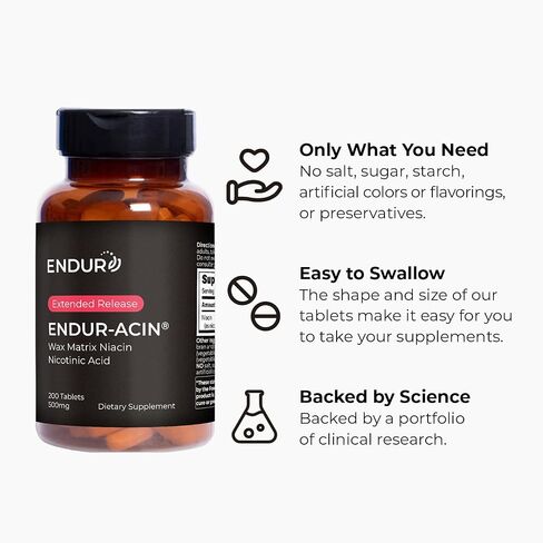 ENDUR-ACIN - Niacin B3 - ER (Extended Release) 500 mg - Nicotinic Acid - Healthy Heart & Cholesterol Balance Supplement - Low-Flush High-Potency Niacin with 4–8 HR Timed-Release Matrix - 200 Tablets in Saudi Arabia