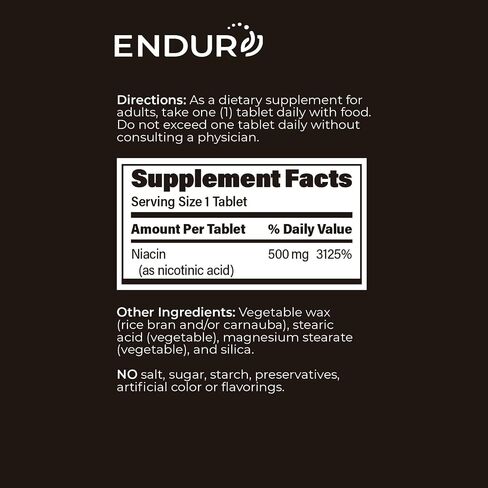 ENDUR-ACIN - Niacin B3 - ER (Extended Release) 500 mg - Nicotinic Acid - Healthy Heart & Cholesterol Balance Supplement - Low-Flush High-Potency Niacin with 4–8 HR Timed-Release Matrix - 200 Tablets in Saudi Arabia