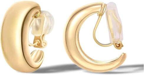 FAN&LOUIS Gold Silver Clip On Hoop Earrings,14K Gold Plated Chunky Gold Small Huggie Hoops Clip-On Earrings for Women│Small Wide Round Hoop Clip On Earrings in Kuwait