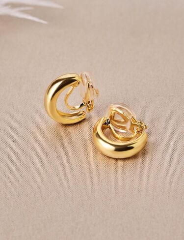 FAN&LOUIS Gold Silver Clip On Hoop Earrings,14K Gold Plated Chunky Gold Small Huggie Hoops Clip-On Earrings for Women│Small Wide Round Hoop Clip On Earrings in Kuwait