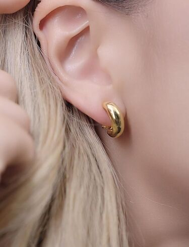 FAN&LOUIS Gold Silver Clip On Hoop Earrings,14K Gold Plated Chunky Gold Small Huggie Hoops Clip-On Earrings for Women│Small Wide Round Hoop Clip On Earrings in Kuwait