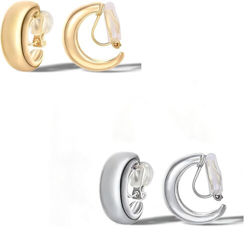 FAN&LOUIS Gold Silver Clip On Hoop Earrings,14K Gold Plated Chunky Gold Small Huggie Hoops Clip-On Earrings for Women│Small Wide Round Hoop Clip On Earrings in Kuwait