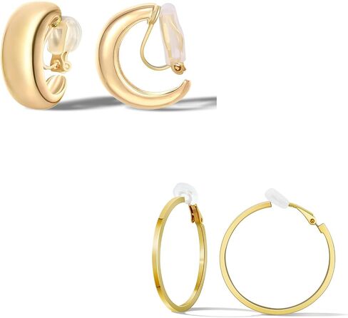 FAN&LOUIS Gold Silver Clip On Hoop Earrings,14K Gold Plated Chunky Gold Small Huggie Hoops Clip-On Earrings for Women│Small Wide Round Hoop Clip On Earrings in Kuwait