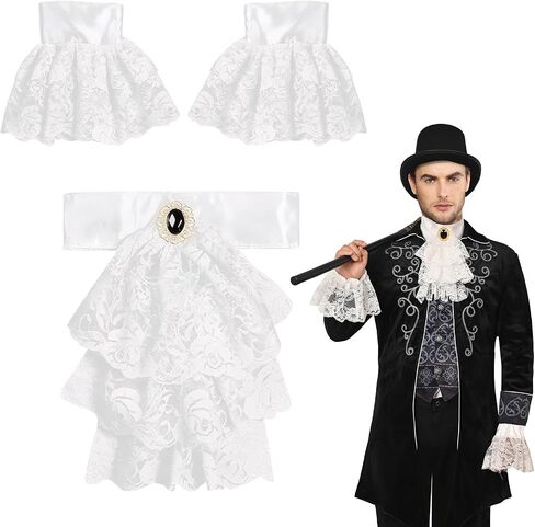 Jabot Lace مع 2 أساور كشكشة، مجموعة إكسسوارات أزياء استعمارية ذات ياقة مكشكشة على الطراز الفيكتوري، أصفاد دانتيل للمعصمين in Kuwait