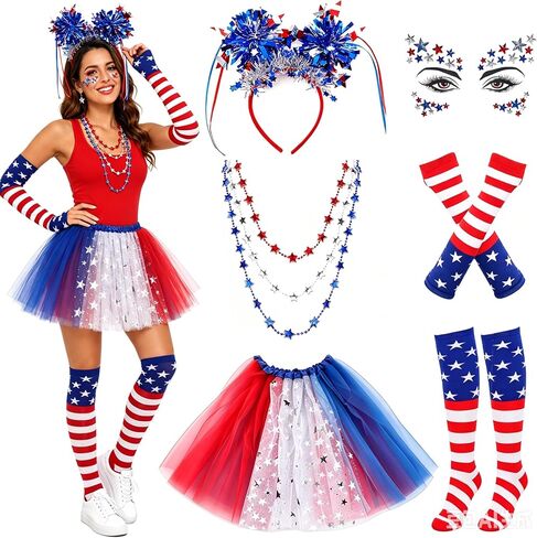 8 Pcs Patriotic Costume Accessories, Patriotic Headband Star Necklaces Face Tatoo Gloves Tights and Tutu for 250th Party Supplies 4th of July Independence Day Cosplay in Saudi Arabia