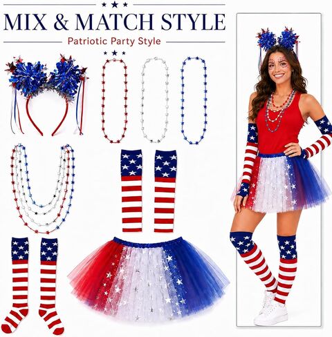 8 Pcs Patriotic Costume Accessories, Patriotic Headband Star Necklaces Face Tatoo Gloves Tights and Tutu for 250th Party Supplies 4th of July Independence Day Cosplay in Saudi Arabia