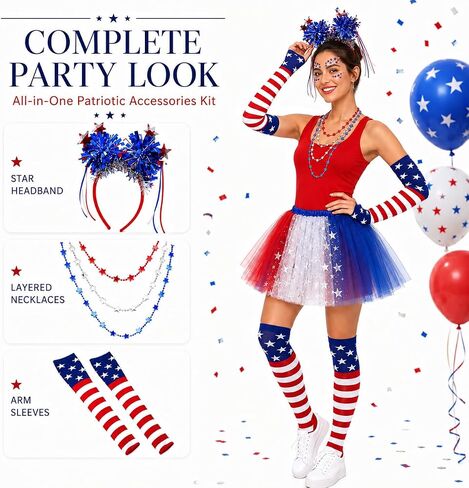 8 Pcs Patriotic Costume Accessories, Patriotic Headband Star Necklaces Face Tatoo Gloves Tights and Tutu for 250th Party Supplies 4th of July Independence Day Cosplay in Saudi Arabia