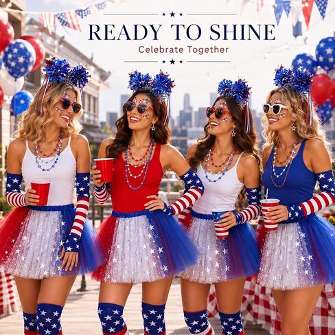 8 Pcs Patriotic Costume Accessories, Patriotic Headband Star Necklaces Face Tatoo Gloves Tights and Tutu for 250th Party Supplies 4th of July Independence Day Cosplay in Saudi Arabia