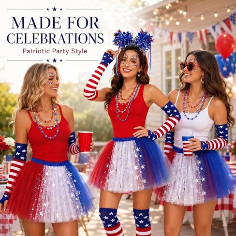 8 Pcs Patriotic Costume Accessories, Patriotic Headband Star Necklaces Face Tatoo Gloves Tights and Tutu for 250th Party Supplies 4th of July Independence Day Cosplay in Saudi Arabia