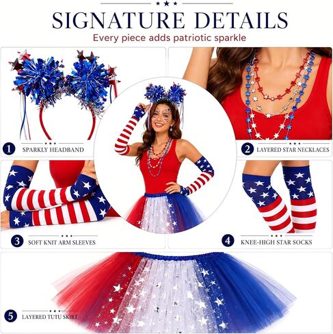 8 Pcs Patriotic Costume Accessories, Patriotic Headband Star Necklaces Face Tatoo Gloves Tights and Tutu for 250th Party Supplies 4th of July Independence Day Cosplay in Saudi Arabia