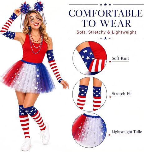 8 Pcs Patriotic Costume Accessories, Patriotic Headband Star Necklaces Face Tatoo Gloves Tights and Tutu for 250th Party Supplies 4th of July Independence Day Cosplay in Saudi Arabia