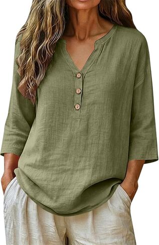 Linen Tops for Women Cotton Gauze Shirts Plus Size V Neck 3/4 Sleeve Clothes Casual Button Down Summer Peasant Blouse in Kuwait