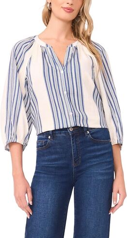 3/4 Sleeve Striped Linen Raglan Button Down Blouse in Kuwait