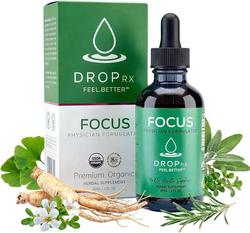 DropRX Focus Herbal Liquid Drops for Adults - Ginseng, Ginkgo Biloba, Bacopa, Rosemary & Sage - Organic Botanical Blend, Liquid Tincture Supplement for Brain Health & Memory (2 fl oz) in Saudi Arabia