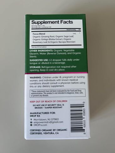 DropRX Focus Herbal Liquid Drops for Adults - Ginseng, Ginkgo Biloba, Bacopa, Rosemary & Sage - Organic Botanical Blend, Liquid Tincture Supplement for Brain Health & Memory (2 fl oz) in Saudi Arabia