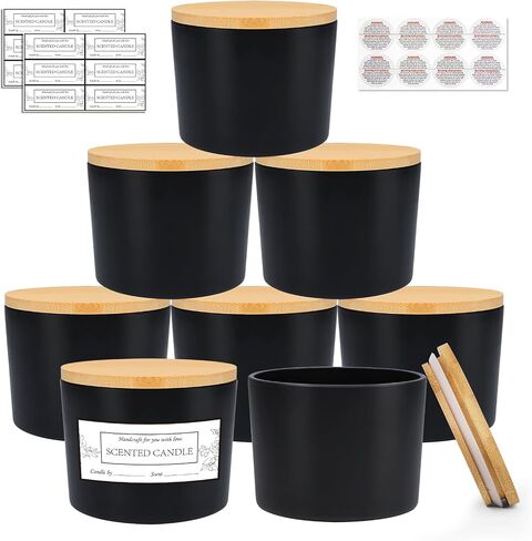 CONNOO 8 Pack 12 OZ Black Glass Wide Mouth Candle Jars for Making Candles with Airtight Bamboo Lids Nice Sticky Warning Labels for Candle Making Empty Container Bulk - Dishwasher Safe in Saudi Arabia