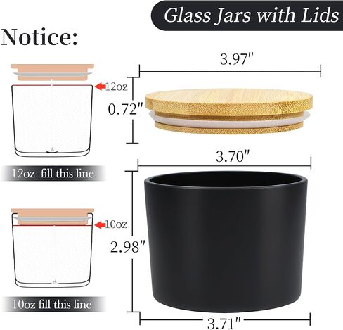 CONNOO 8 Pack 12 OZ Black Glass Wide Mouth Candle Jars for Making Candles with Airtight Bamboo Lids Nice Sticky Warning Labels for Candle Making Empty Container Bulk - Dishwasher Safe in Saudi Arabia