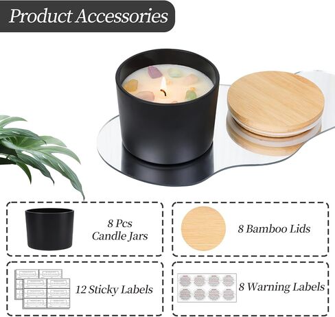 CONNOO 8 Pack 12 OZ Black Glass Wide Mouth Candle Jars for Making Candles with Airtight Bamboo Lids Nice Sticky Warning Labels for Candle Making Empty Container Bulk - Dishwasher Safe in Saudi Arabia