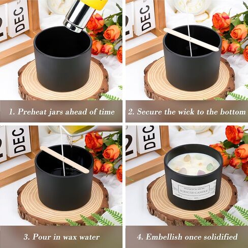 CONNOO 8 Pack 12 OZ Black Glass Wide Mouth Candle Jars for Making Candles with Airtight Bamboo Lids Nice Sticky Warning Labels for Candle Making Empty Container Bulk - Dishwasher Safe in Saudi Arabia