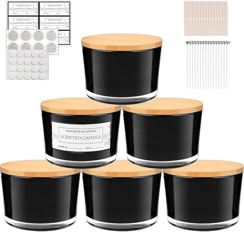 CONNOO 8 Pack 12 OZ Black Glass Wide Mouth Candle Jars for Making Candles with Airtight Bamboo Lids Nice Sticky Warning Labels for Candle Making Empty Container Bulk - Dishwasher Safe in Saudi Arabia