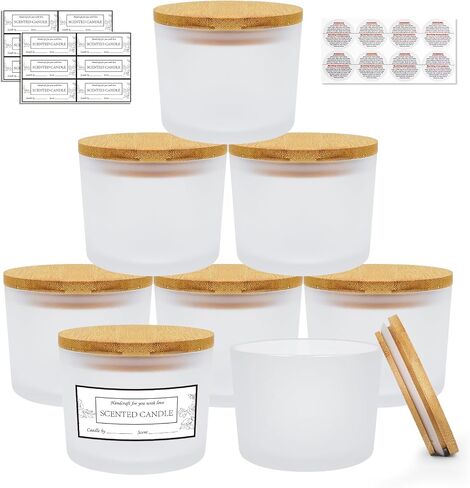 CONNOO 8 Pack 12 OZ Black Glass Wide Mouth Candle Jars for Making Candles with Airtight Bamboo Lids Nice Sticky Warning Labels for Candle Making Empty Container Bulk - Dishwasher Safe in Saudi Arabia