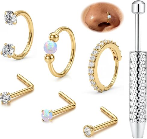 Fansilver 18G/20G Nose Rings for Women Hypoallergenic Stainless Steel Threaded Horseshoe Hoops & L/S Shaped Nose Studs with CZ Opal 14K Gold Plated Dainty Lip Tragus Helix Nostril Piercing Jewelry Set in Kuwait