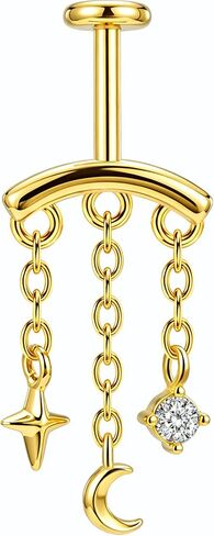 حلق حلزوني مخفي من OUFER 16G 6 مم، حلق غضروف بدبوس دفع بدون خيوط مع سلسلة متدلية عمودية، مجوهرات هيليكس العائمة على شكل نجمة القمر تشيكوسلوفاكيا، 316L من الفولاذ المقاوم للصدأ in Kuwait