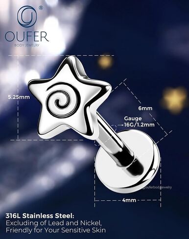 OUFER 16G نجمة حلزونية ملولبة داخليًا مسمار حلزوني مسطح 316L جراحي من الفولاذ المقاوم للصدأ 6 مم غضروف الزنمة الأنف محارة Daith Medusa Labret ثقب المجوهرات للنساء والرجال in Kuwait