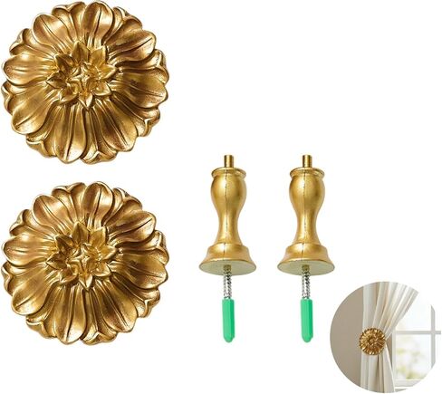 2 Pcs Curtain Holdbacks, Ornate Aluminum Alloy Decorative Wall Hooks, European Style Gold Flower Design, Powder Coated Finish, 4.24 in / 10.77 cm Tall for Drapes and Window Valances in Kuwait