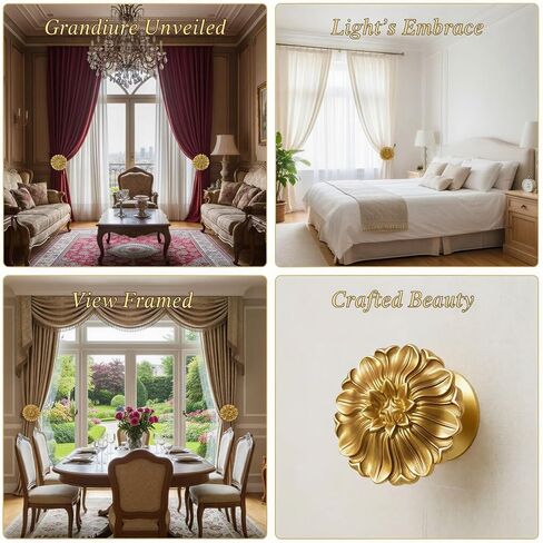 2 Pcs Curtain Holdbacks, Ornate Aluminum Alloy Decorative Wall Hooks, European Style Gold Flower Design, Powder Coated Finish, 4.24 in / 10.77 cm Tall for Drapes and Window Valances in Kuwait