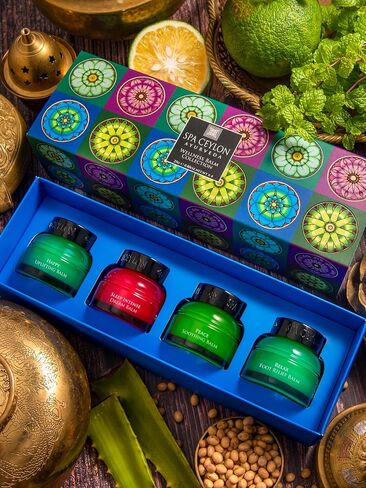 مجموعة SPA CEYLON Wellness Balm - مجموعة هدايا بلسم الأيورفيدا الطبيعي للعلاج العطري مكونة من 4 قطع - بلسم السلام والتخلص من التوتر والنوم والتركيز مع الزيوت العطرية وجوز الهند البكر - 4 × 8 جم in Kuwait