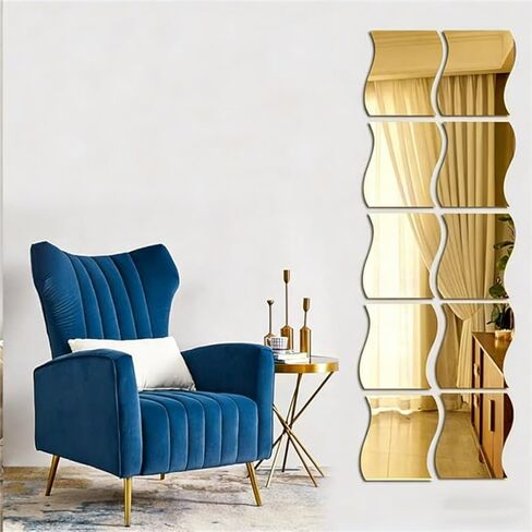 18pc Gold Wave-Shaped Acrylic wall Mirror, Household Cosmetic Mirror, Washing Mirror, Bathroom Mirror, Shaving Mirror, Suitable for Bathroom, Gym, Dance Studio, Yoga Studio, Living Room and Bedroom. in Kuwait