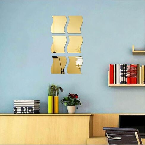 18pc Gold Wave-Shaped Acrylic wall Mirror, Household Cosmetic Mirror, Washing Mirror, Bathroom Mirror, Shaving Mirror, Suitable for Bathroom, Gym, Dance Studio, Yoga Studio, Living Room and Bedroom. in Kuwait