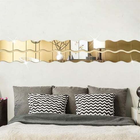 18pc Gold Wave-Shaped Acrylic wall Mirror, Household Cosmetic Mirror, Washing Mirror, Bathroom Mirror, Shaving Mirror, Suitable for Bathroom, Gym, Dance Studio, Yoga Studio, Living Room and Bedroom. in Kuwait