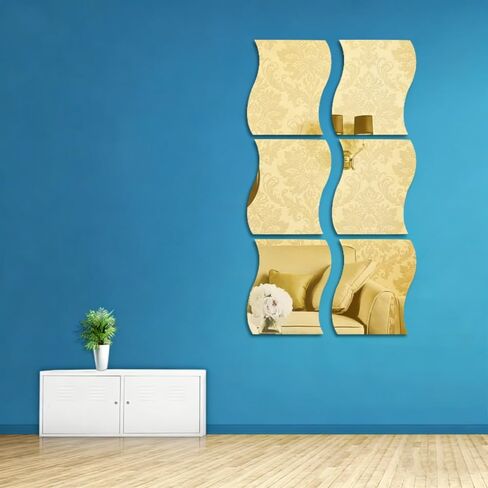 18pc Gold Wave-Shaped Acrylic wall Mirror, Household Cosmetic Mirror, Washing Mirror, Bathroom Mirror, Shaving Mirror, Suitable for Bathroom, Gym, Dance Studio, Yoga Studio, Living Room and Bedroom. in Kuwait