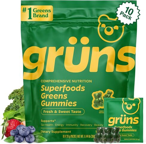 Gruns Adult Super Greens Multivitamin Gummies, Superfood Gummy Vitamins for Women and Men with Spirulina, Chlorella, Adaptogens & Prebiotic Fiber for Digestive Health (28 Count) in Kuwait