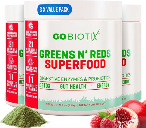 GOBIOTIX Super Greens Powder with Beet Root, Spirulina, Moringa & Chlorella – Probiotics, Enzymes & 21 Superfoods – Zero Sugar, Vegan, Non-GMO – 30 Servings (Pomegranate Raspberry) in Kuwait