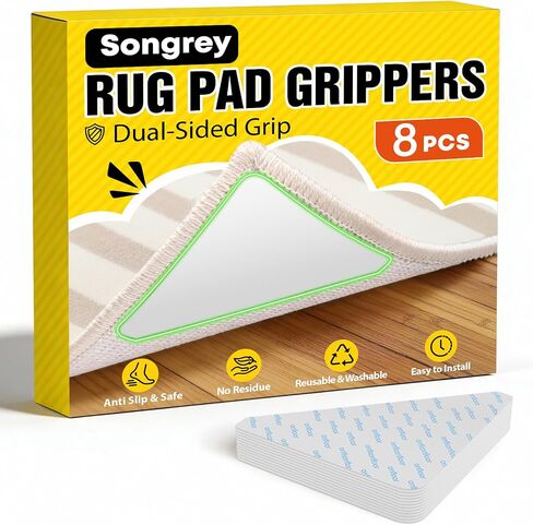 Songrey Rug Tape Rug Corner Grippers 8PCS, Reusable Double-Sided Carpet Tape to Hold Area Rugs Down, Non Slip Rug Pads Gripper for Hardwood Floors No Damage in Saudi Arabia