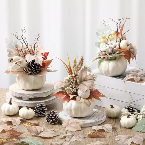 3 Pcs 9 Inch Fall Artificial Pumpkins Fake Pumpkin Centerpiece Decor Cozy Maple Leaves Styles Farmhouse Neutral Fall Decor Autumn Rustic Thanksgiving Fall Decoration for Home Indoor Outdoor in Kuwait