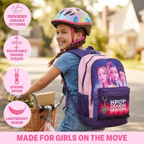 Get Trend KPop Demon Hunters Backpack for Girls, 18in Bookbag with Padded Straps, Travel School Bag, Huntrix Gifts for Girls (Purple/Pink) in Kuwait