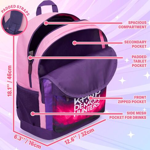 Get Trend KPop Demon Hunters Backpack for Girls, 18in Bookbag with Padded Straps, Travel School Bag, Huntrix Gifts for Girls (Purple/Pink) in Kuwait