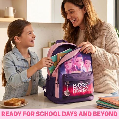 Get Trend KPop Demon Hunters Backpack for Girls, 18in Bookbag with Padded Straps, Travel School Bag, Huntrix Gifts for Girls (Purple/Pink) in Kuwait
