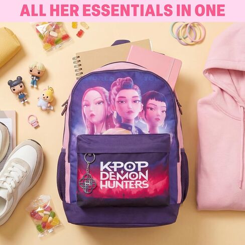 Get Trend KPop Demon Hunters Backpack for Girls, 18in Bookbag with Padded Straps, Travel School Bag, Huntrix Gifts for Girls (Purple/Pink) in Kuwait