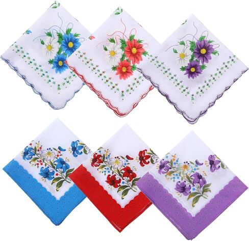 6 Pcs Vintage Handkerchiefs, 11.8" Floral Handkerchief Cotton Handkerchiefs Women Tea Party Handkerchief with Wavy Edge for Gifting, Weddings, Home Decor in Kuwait
