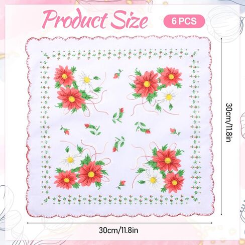 6 Pcs Vintage Handkerchiefs, 11.8" Floral Handkerchief Cotton Handkerchiefs Women Tea Party Handkerchief with Wavy Edge for Gifting, Weddings, Home Decor in Kuwait